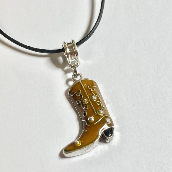 Cowboy Boot Necklace Cowgirl Brown Enamel Country Western Black Cord 16-18" - Picture 5 of 9